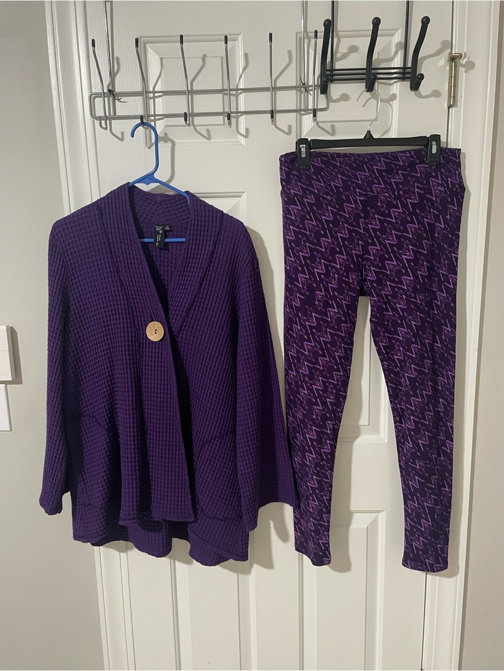 Purple Women's Knit Cardigan and Patterned Leggings Set talk curvy Lukas